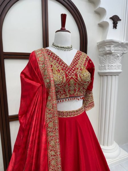 Ethereal Red Chinon Wedding Lehenga Choli with Digital Printed Embroidered Dupatta Designer Lehenga Choli