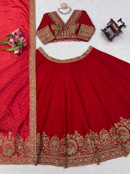 Ethereal Red Chinon Wedding Lehenga Choli with Digital Printed Embroidered Dupatta Designer Lehenga Choli