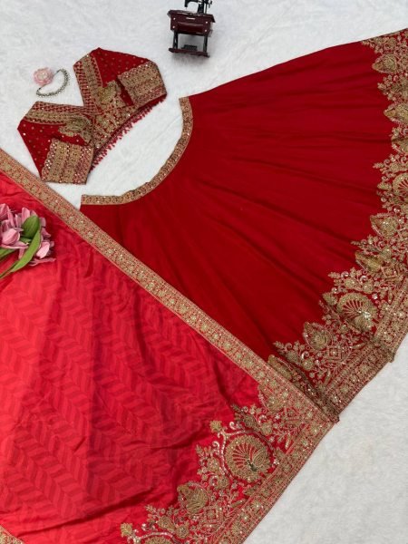 Ethereal Red Chinon Wedding Lehenga Choli with Digital Printed Embroidered Dupatta Designer Lehenga Choli