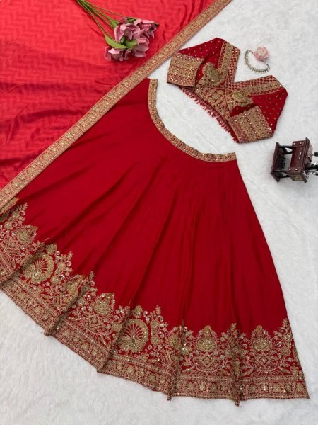 Ethereal Red Chinon Wedding Lehenga Choli with Digital Printed Embroidered Dupatta Designer Lehenga Choli