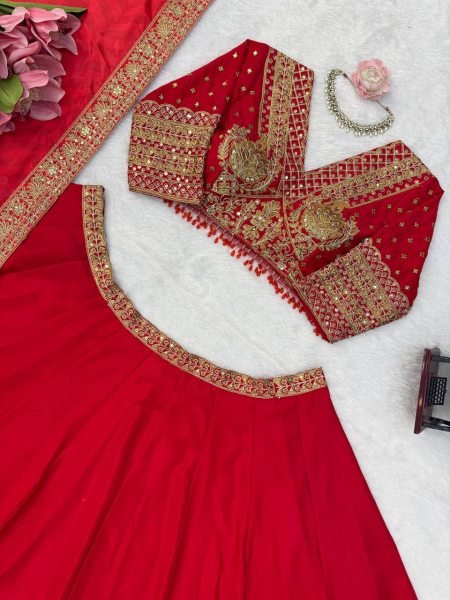 Ethereal Red Chinon Wedding Lehenga Choli with Digital Printed Embroidered Dupatta Designer Lehenga Choli