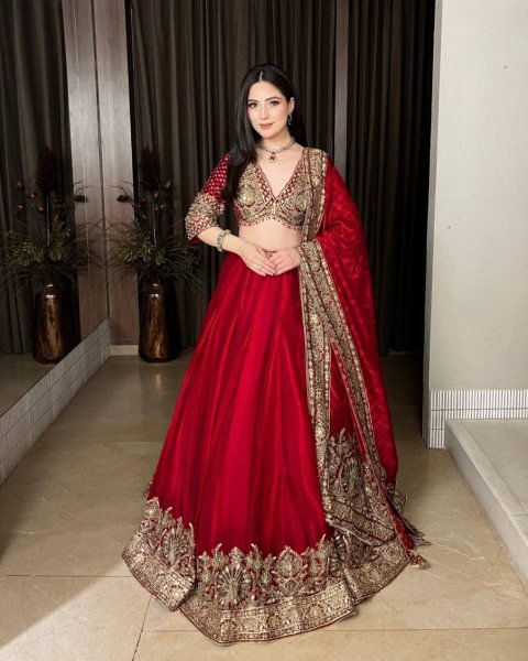 Ethereal Red Chinon Wedding Lehenga Choli with Digital Printed Embroidered Dupatta Designer Lehenga Choli