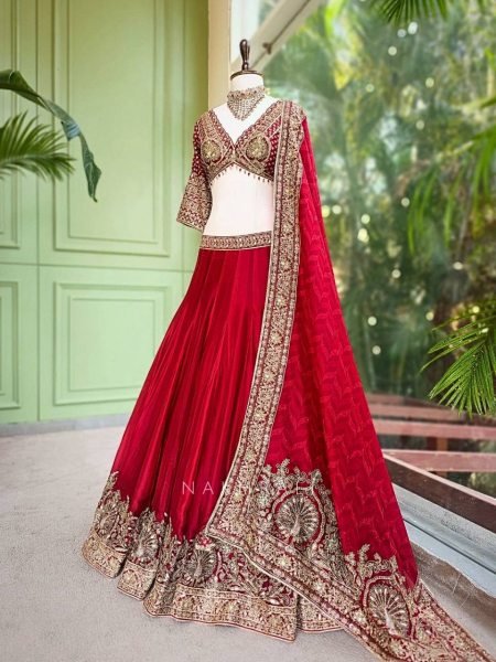 Ethereal Red Chinon Wedding Lehenga Choli with Digital Printed Embroidered Dupatta Designer Lehenga Choli