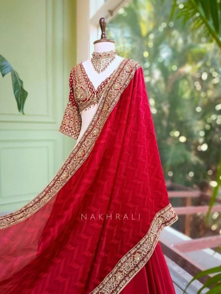 Ethereal Red Chinon Wedding Lehenga Choli with Digital Printed Embroidered Dupatta Designer Lehenga Choli