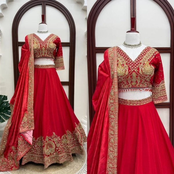 Ethereal Red Chinon Wedding Lehenga Choli with Digital Printed Embroidered Dupatta Designer Lehenga Choli