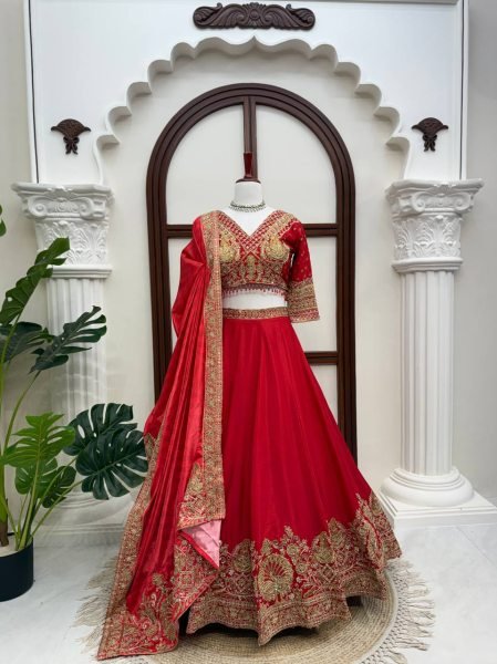 Ethereal Red Chinon Wedding Lehenga Choli with Digital Printed Embroidered Dupatta Designer Lehenga Choli