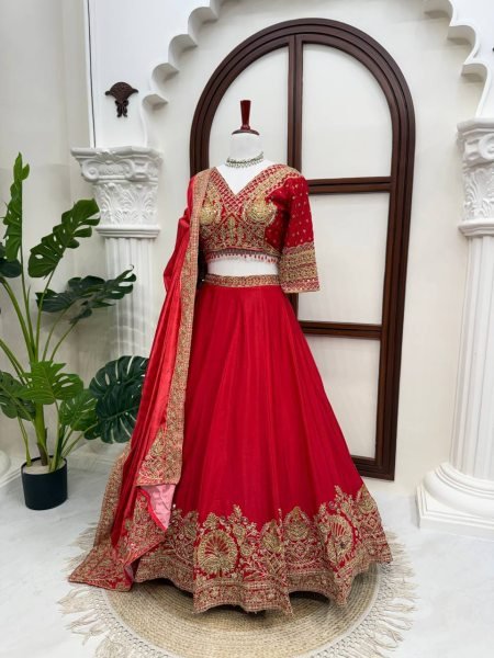 Ethereal Red Chinon Wedding Lehenga Choli with Digital Printed Embroidered Dupatta Designer Lehenga Choli