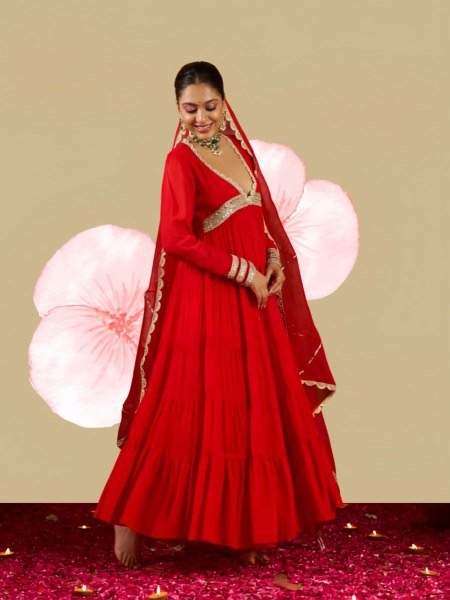 Ethereal Red Heavy Fox Georgette Gown with Real Mirror Lace Work at Manufacturer  