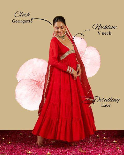 Ethereal Red Heavy Fox Georgette Gown with Real Mirror Lace Work at Manufacturer  Ready To Wear Collection