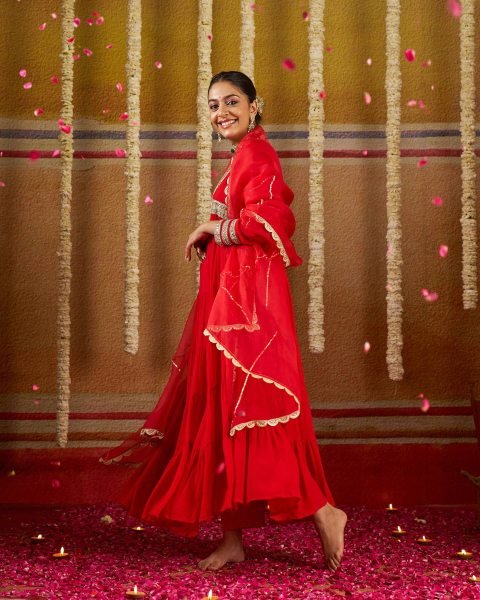 Ethereal Red Heavy Fox Georgette Gown with Real Mirror Lace Work at Manufacturer  Ready To Wear Collection