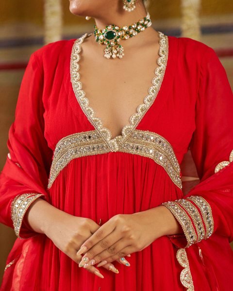 Ethereal Red Heavy Fox Georgette Gown with Real Mirror Lace Work at Manufacturer  Ready To Wear Collection