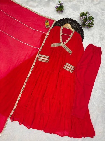 Ethereal Red Heavy Fox Georgette Gown with Real Mirror Lace Work at Manufacturer  Ready To Wear Collection