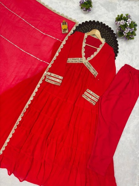 Ethereal Red Heavy Fox Georgette Gown with Real Mirror Lace Work at Manufacturer  Ready To Wear Collection