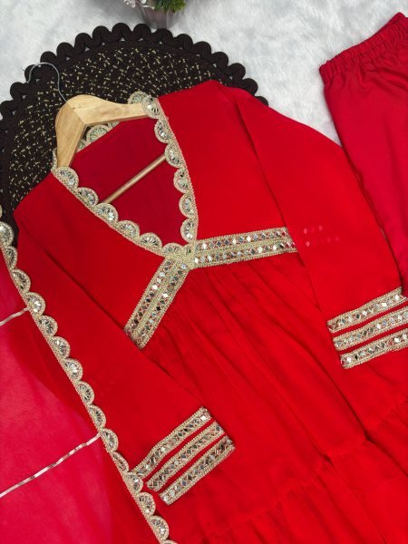 Ethereal Red Heavy Fox Georgette Gown with Real Mirror Lace Work at Manufacturer  Ready To Wear Collection
