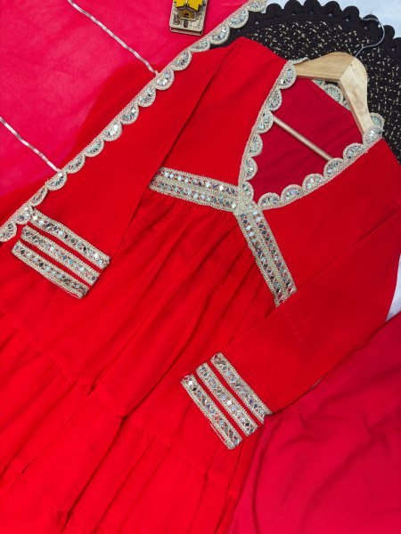 Ethereal Red Heavy Fox Georgette Gown with Real Mirror Lace Work at Manufacturer  Ready To Wear Collection