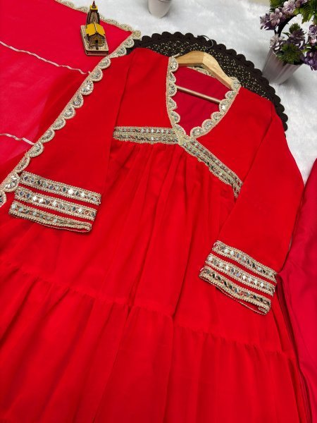 Ethereal Red Heavy Fox Georgette Gown with Real Mirror Lace Work at Manufacturer  Ready To Wear Collection