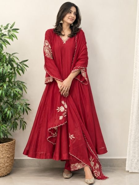 Ethereal Red Pure Mul Chanderi Anarkali Kali Gown with Embroidery Work for Wedding 