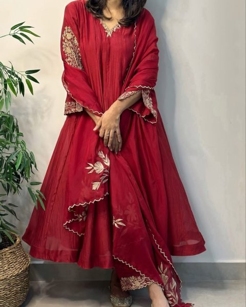 Ethereal Red Pure Mul Chanderi Anarkali Kali Gown with Embroidery Work for Wedding Anarkali Kurtis 