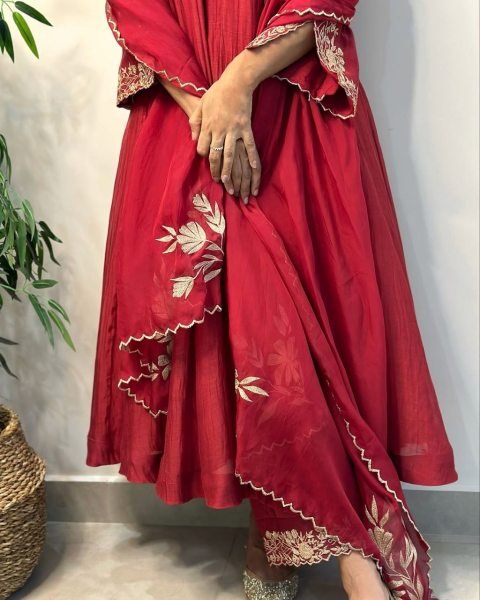 Ethereal Red Pure Mul Chanderi Anarkali Kali Gown with Embroidery Work for Wedding Anarkali Kurtis 
