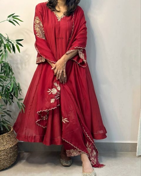 Ethereal Red Pure Mul Chanderi Anarkali Kali Gown with Embroidery Work for Wedding Anarkali Kurtis 