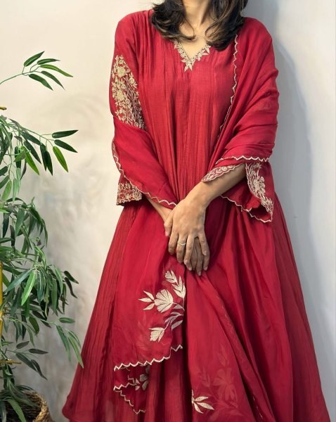 Ethereal Red Pure Mul Chanderi Anarkali Kali Gown with Embroidery Work for Wedding Anarkali Kurtis 