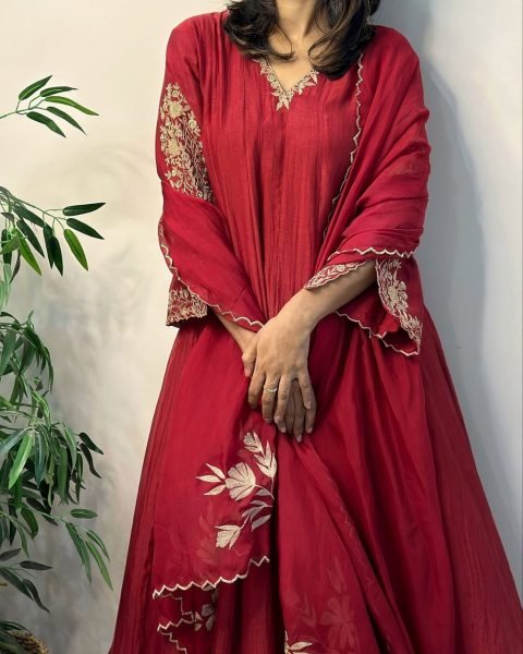 Ethereal Red Pure Mul Chanderi Anarkali Kali Gown with Embroidery Work for Wedding Anarkali Kurtis 