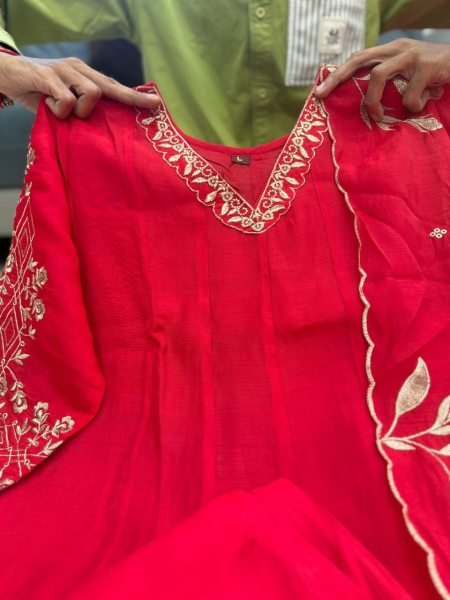Ethereal Red Pure Mul Chanderi Anarkali Kali Gown with Embroidery Work for Wedding Anarkali Kurtis 