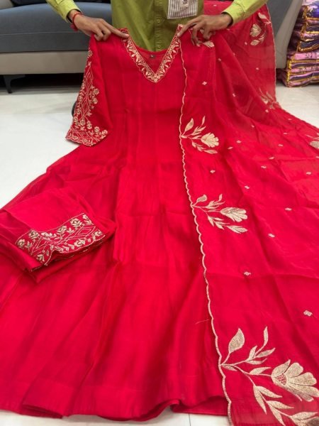 Ethereal Red Pure Mul Chanderi Anarkali Kali Gown with Embroidery Work for Wedding Anarkali Kurtis 