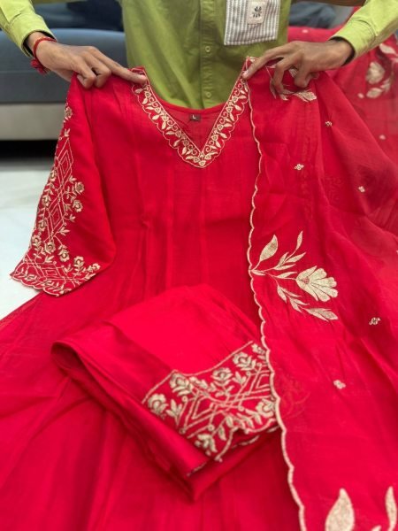 Ethereal Red Pure Mul Chanderi Anarkali Kali Gown with Embroidery Work for Wedding Anarkali Kurtis 