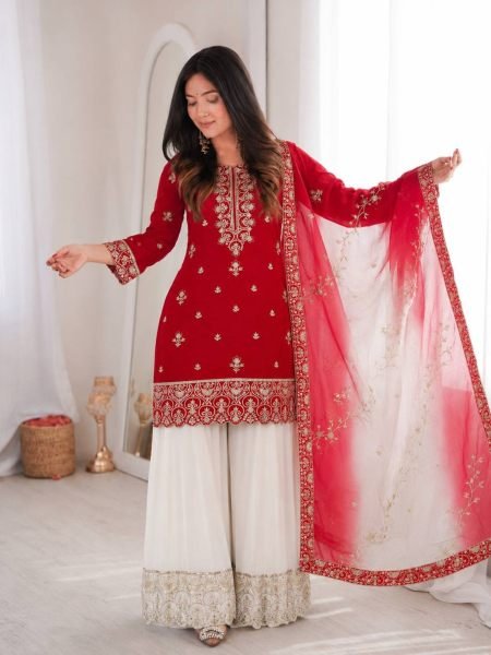 Ethereal Red Pure Natural Silk 3 Piece Suit with Embroidery and Sequins Work For Wedding Ready To Wear Suit