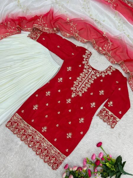 Ethereal Red Pure Natural Silk 3 Piece Suit with Embroidery and Sequins Work For Wedding Ready To Wear Collection