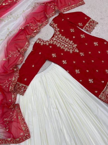 Ethereal Red Pure Natural Silk 3 Piece Suit with Embroidery and Sequins Work For Wedding Ready To Wear Collection