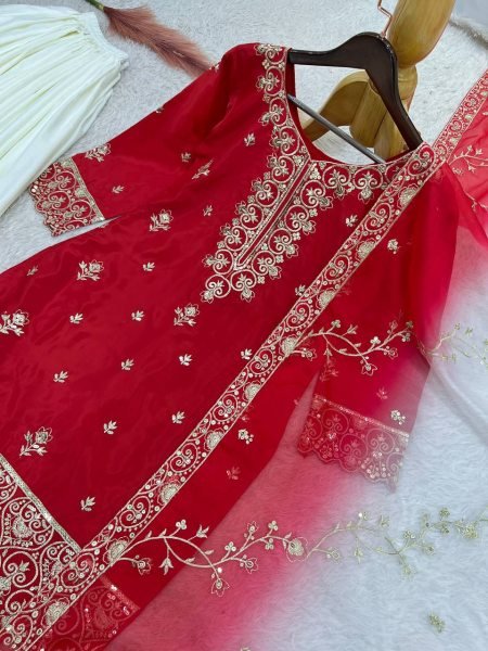 Ethereal Red Pure Natural Silk 3 Piece Suit with Embroidery and Sequins Work For Wedding Ready To Wear Collection