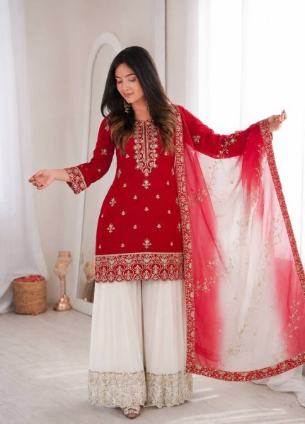 Ethereal Red Pure Natural Silk 3 Piece Suit with Embroidery and Sequins Work For Wedding Ready To Wear Collection