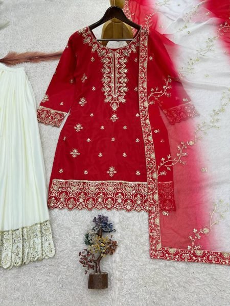 Ethereal Red Pure Natural Silk 3 Piece Suit with Embroidery and Sequins Work For Wedding Ready To Wear Collection