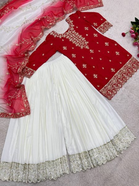 Ethereal Red Pure Natural Silk 3 Piece Suit with Embroidery and Sequins Work For Wedding Ready To Wear Collection