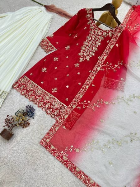 Ethereal Red Pure Natural Silk 3 Piece Suit with Embroidery and Sequins Work For Wedding Ready To Wear Collection