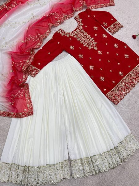 Ethereal Red Pure Natural Silk 3 Piece Suit with Embroidery and Sequins Work For Wedding Ready To Wear Collection