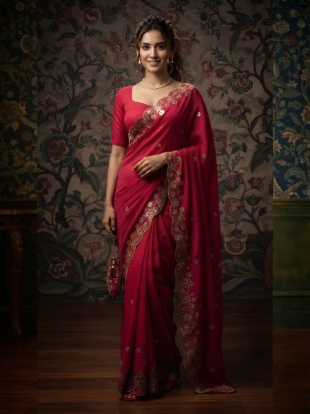 Ethereal Red Soft Satin Chiffon Saree with Embroidery Lace Border For Festival