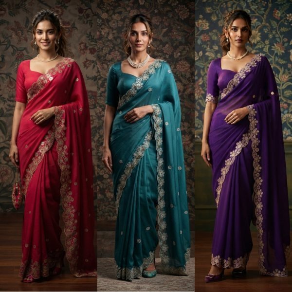 Ethereal Red Soft Satin Chiffon Saree with Embroidery Lace Border For Festival Designer Wedding Sarees Wholesale