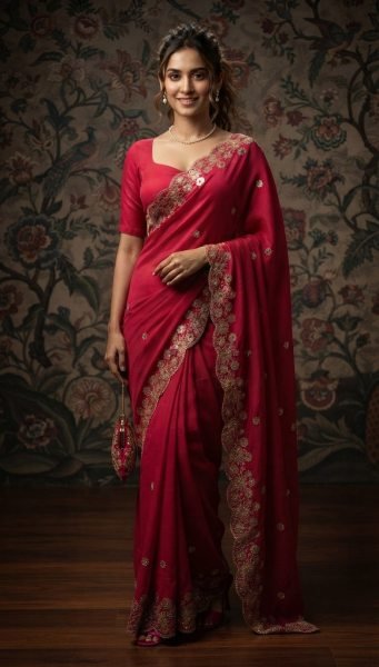 Ethereal Red Soft Satin Chiffon Saree with Embroidery Lace Border For Festival Designer Wedding Sarees Wholesale