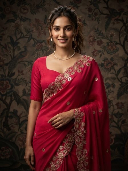 Ethereal Red Soft Satin Chiffon Saree with Embroidery Lace Border For Festival Designer Wedding Sarees Wholesale
