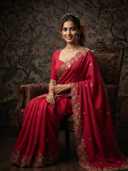 Ethereal Red Soft Satin Chiffon Saree with Embroidery Lace Border For Festival Designer Wedding Sarees Wholesale