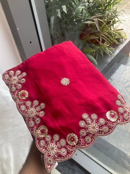 Ethereal Red Soft Satin Chiffon Saree with Embroidery Lace Border For Festival Designer Wedding Sarees Wholesale