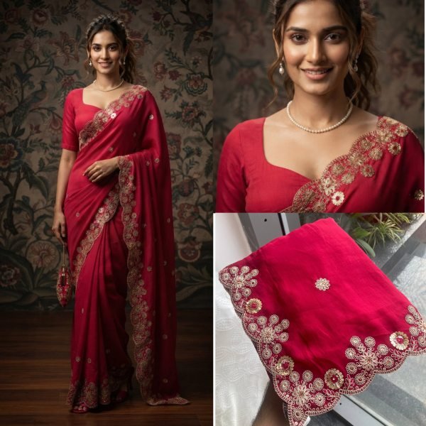 Ethereal Red Soft Satin Chiffon Saree with Embroidery Lace Border For Festival Designer Wedding Sarees Wholesale
