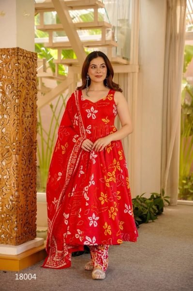 Ethereal Red Three Piece Muslin Silk Outfit for Festive and Casual Wear Anarkali Kurtis 