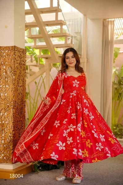 Ethereal Red Three Piece Muslin Silk Outfit for Festive and Casual Wear Anarkali Kurtis 