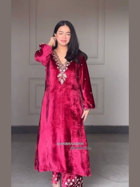Ethereal Red  Velvet Sequins Embroidered Work Kurti Pant Set with Georgette Border Dupatta Perfect for Special Occasions Kurtis