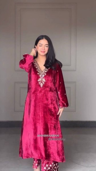 Ethereal Red  Velvet Sequins Embroidered Work Kurti Pant Set with Georgette Border Dupatta Perfect for Special Occasions  Straight Cut Long Kurtis