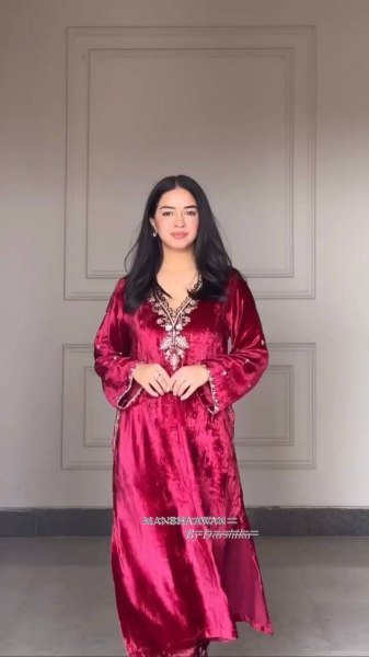 Ethereal Red  Velvet Sequins Embroidered Work Kurti Pant Set with Georgette Border Dupatta Perfect for Special Occasions  Straight Cut Long Kurtis